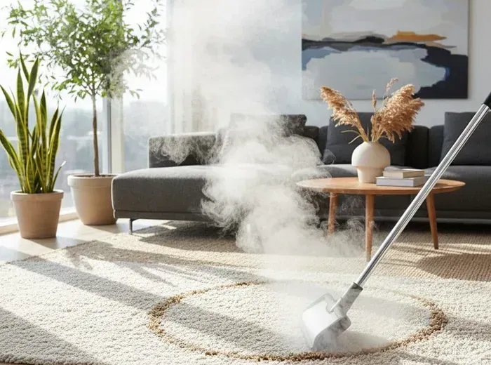 A living room rug being steam cleaned
