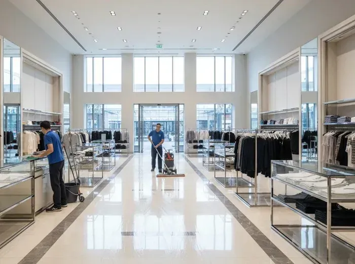 A bright retail store floor being cleaned