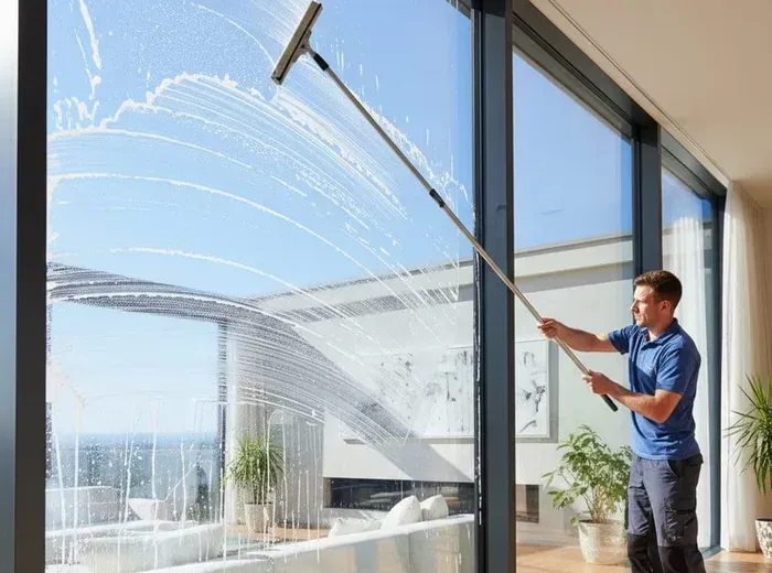Floor-to-ceiling windows being cleaned with a squeegee