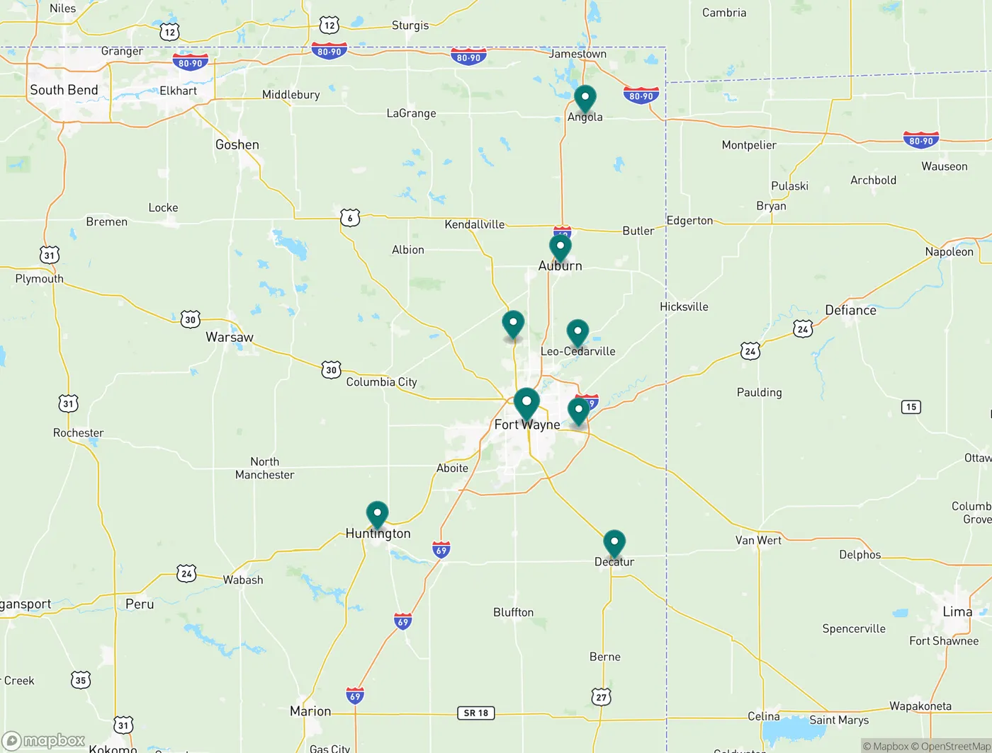 Map of the 8 northeast Indiana towns Neatly Clean serves around Fort Wayne