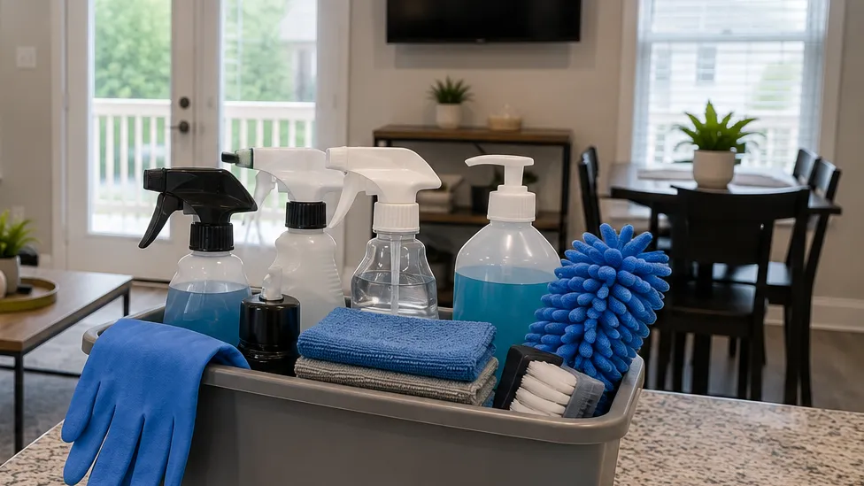 Illustrative image: cleaning supplies and gloves ready on a counter