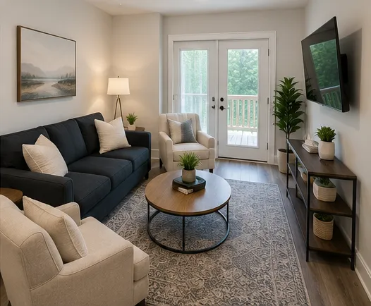 Illustrative image: a clean, furnished apartment living room
